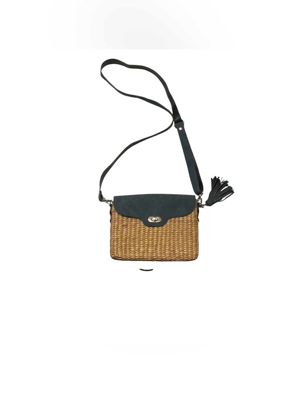 Sea & Grass Blue & Natural Tan Woven Straw Crossbody with Tassel